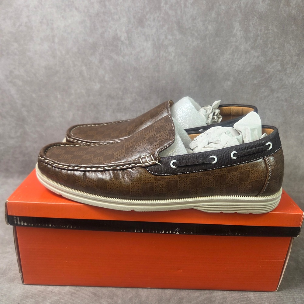 Rocus Mens Boat Shoes Dark Brown Checkered Slip On Loafers Size 9 Art 3012